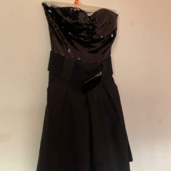 Costa Blanca Short Strapless Satin Black Dress with Sequin Top and Belt Size XS. - Picture 6 of 10